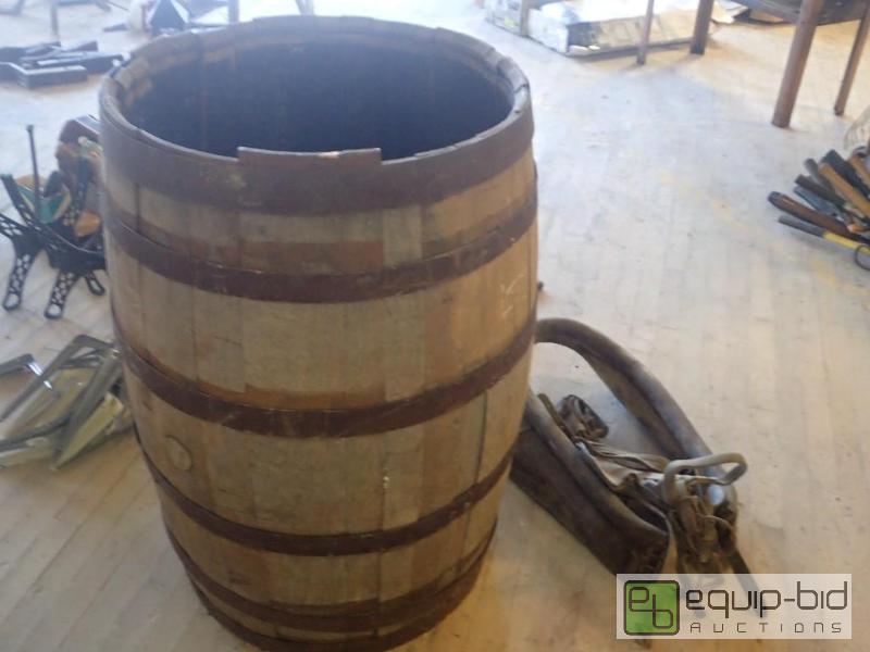 lot 2728 image: Antique Solid Wood Barrel w Horse Collar