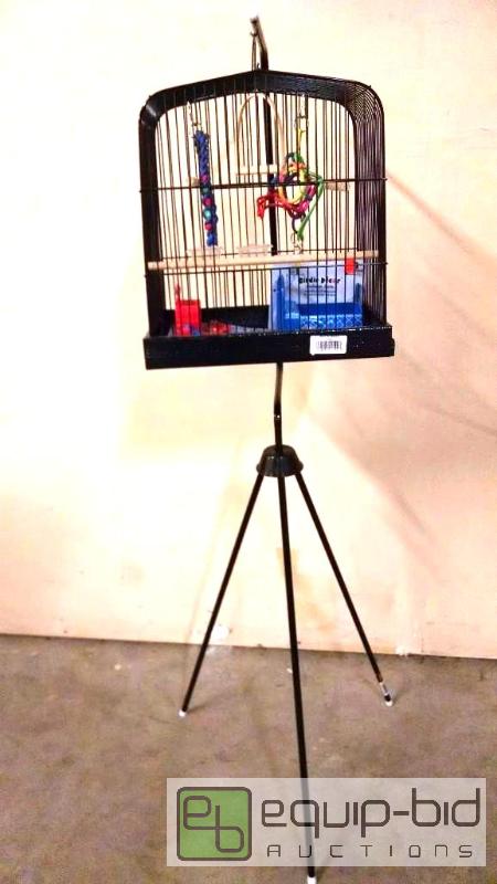 lot 4250 image: Birdcage with stand and toys, cage is 9 x 13 ...