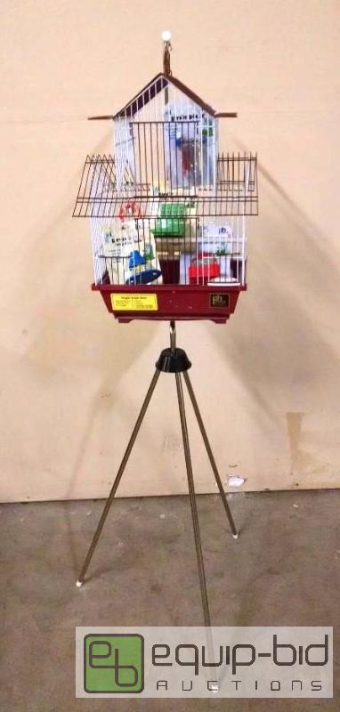lot 4251 image: Birdcage with stand and toys, cage is 9 x 13 ...