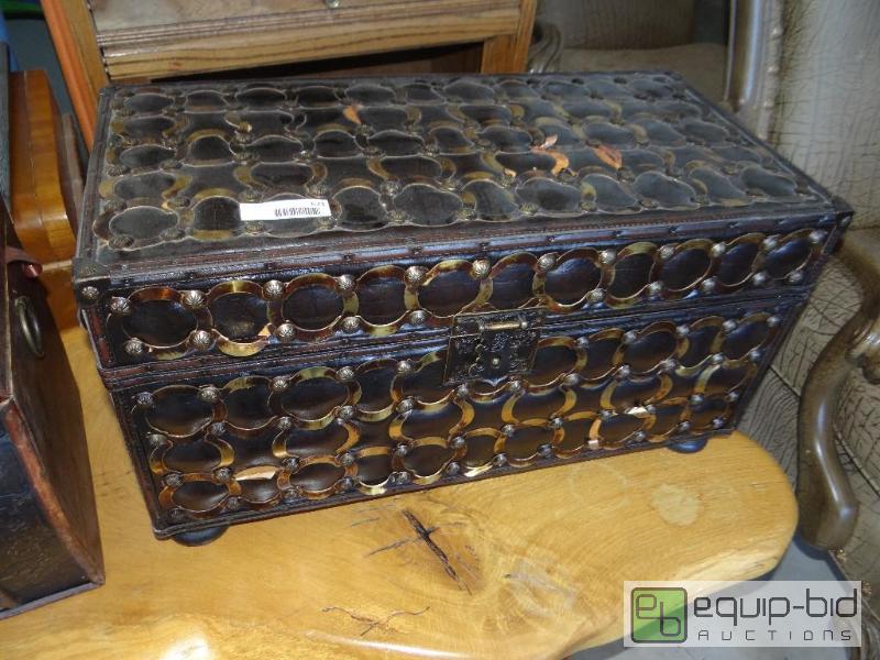 lot 621 image: Leather covered trunk.  25&quot long x 13&qu...