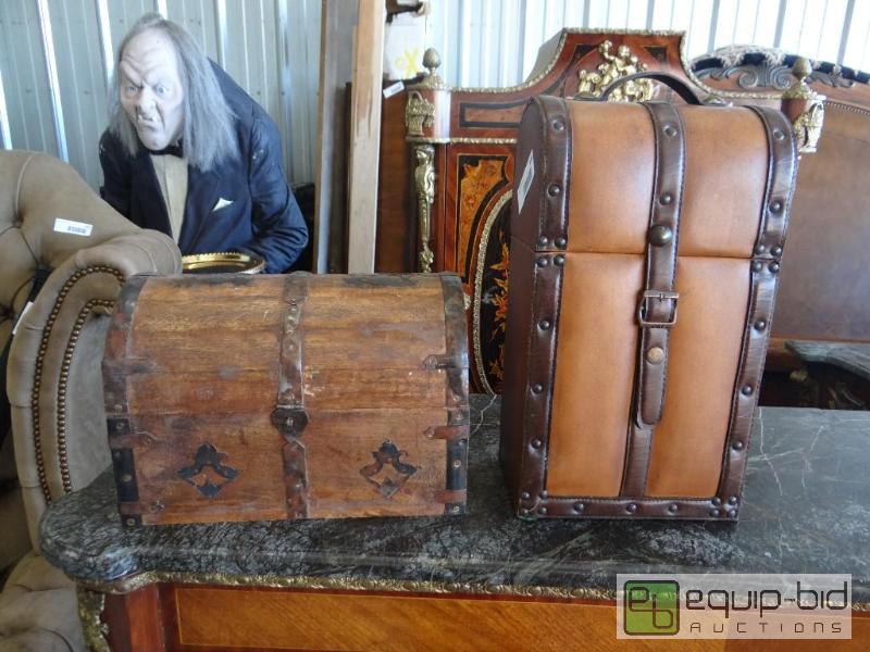 lot 644 image: Small wood trunk and leather 2 bottle wine ho...