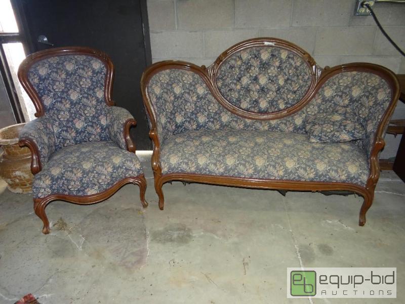 lot 657 image: Antique wood trim living room set.  Sofa and ...