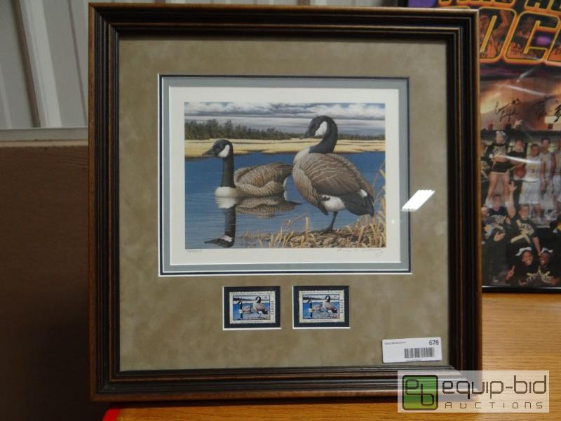 lot 678 image: Framed print of Canadian geese with 2 stamps....