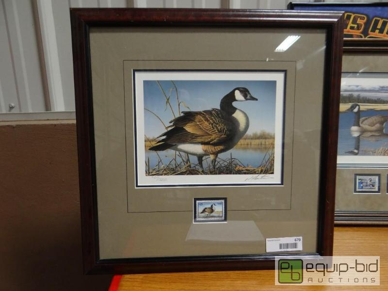 lot 679 image: Framed print of Canadian goose with stamp.  S...