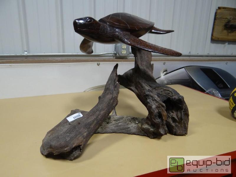 lot 690 image: Iron wood sea turtle on drift wood.  Neat pie...