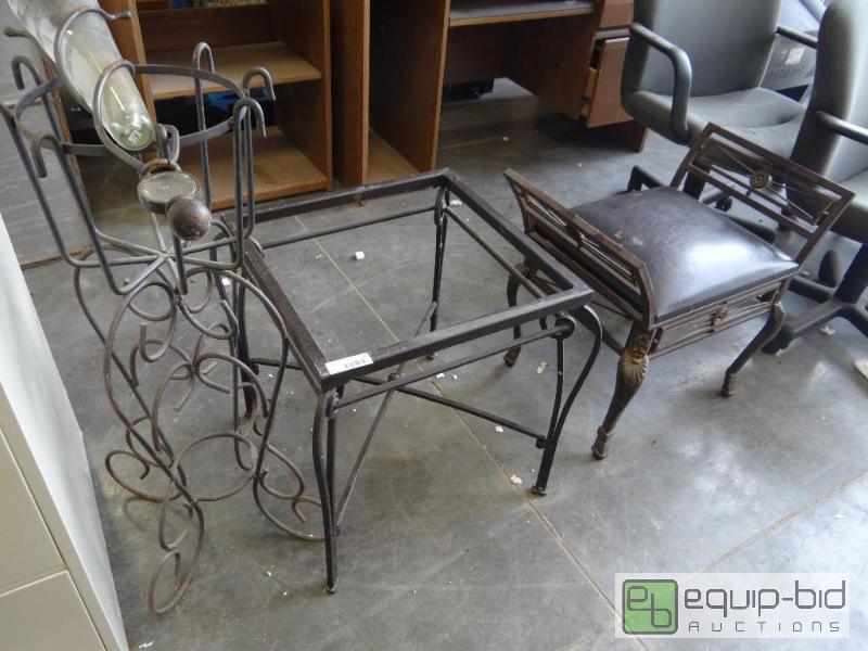 lot 735 image: Wrought iron plant stand, metal end table wo...