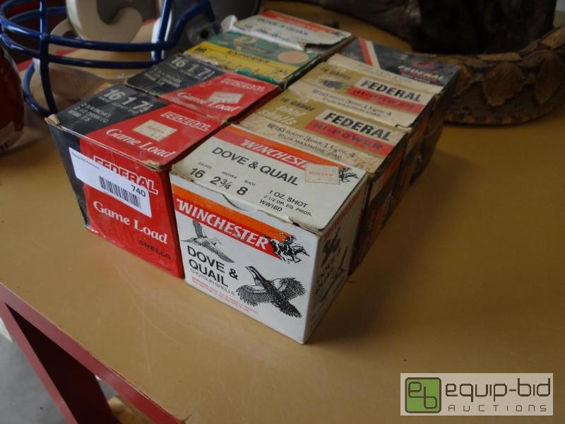 lot 740 image: 8 boxes of various 16 gauge shot gun shells....