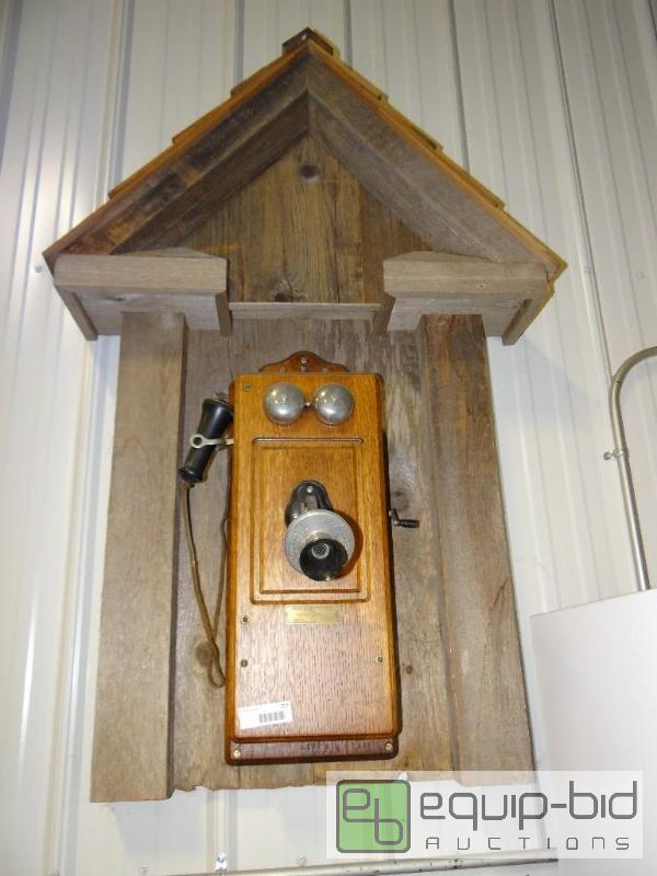 lot 777 image: Antique Phone with barn wood phone booth wall...