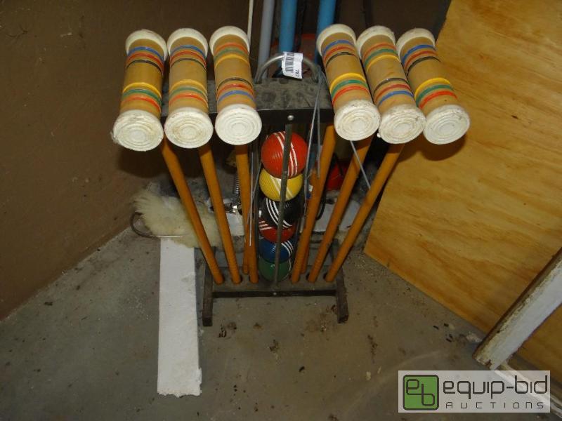 lot 787 image: Croquet set, valley ball net, flag with pole,...
