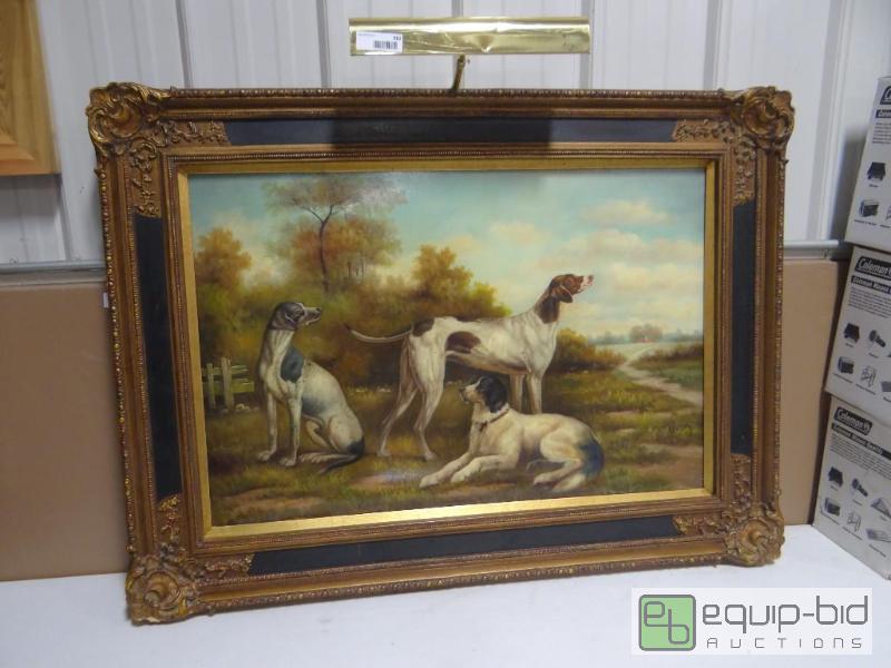 lot 882 image: Beautiful large oil on canvas of hunting dogs...