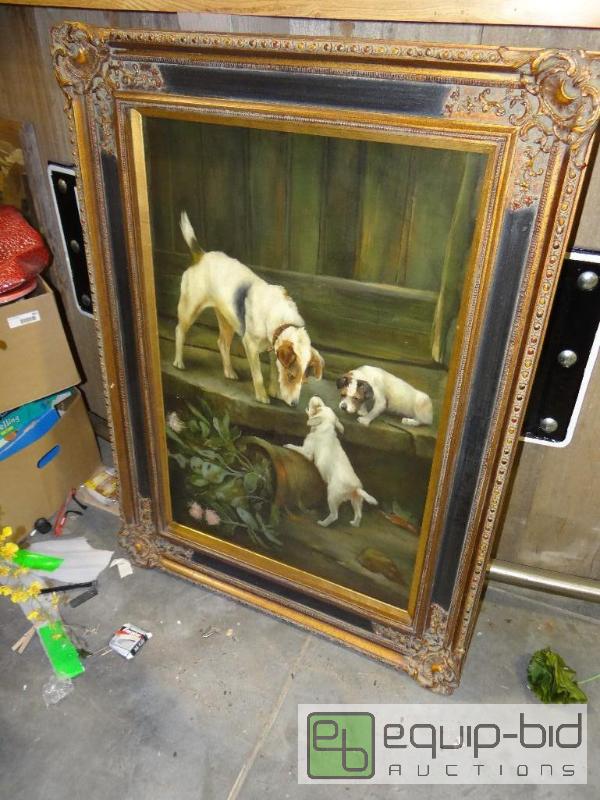 lot 884 image: Beautiful large oil on canvas of dogs in carv...