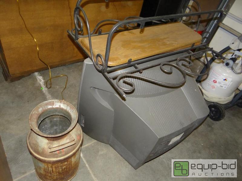 lot 896 image: 2 wall shelves, tv &nbspand old milk can....