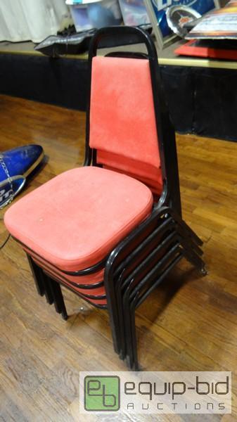 lot 709 image: Stack Of (4) Black Frame, Red Padded Chairs