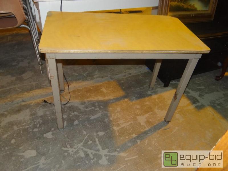 lot 4122 image: Older Style Wood Table w Metal Base