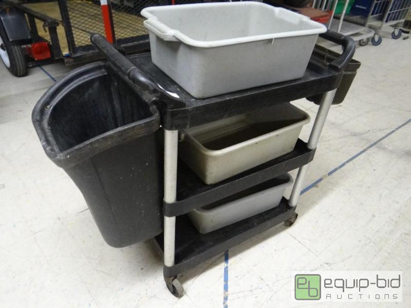 Bus cart on wheels with 3 bus tubs, trash can... North Wichita Warehouse Equipment Auction