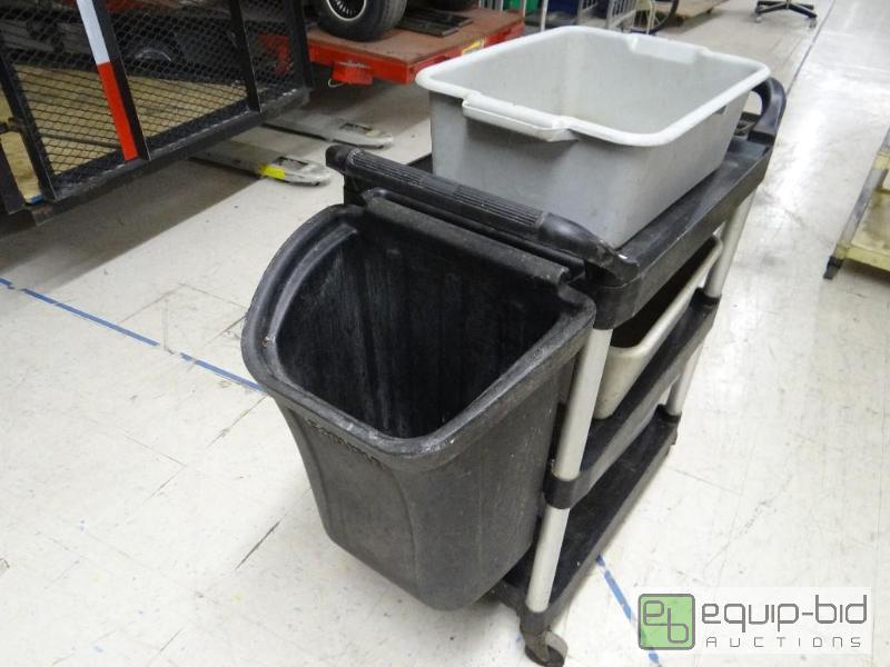 Bus cart on wheels with 3 bus tubs, trash can... North Wichita Warehouse Equipment Auction