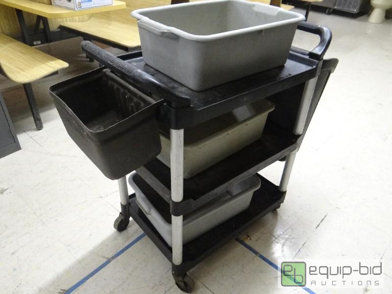 Bus cart on wheels with 3 bus tubs, trash can... North Wichita Warehouse Equipment Auction