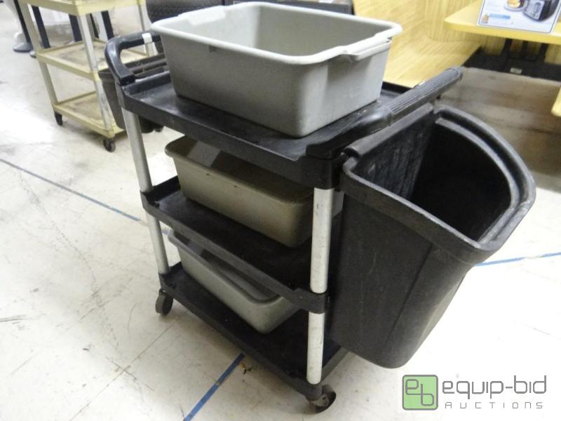 Bus cart on wheels with 3 bus tubs, trash can... North Wichita Warehouse Equipment Auction