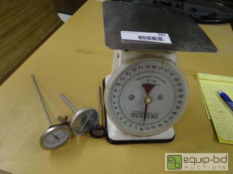 lot 781 image: Detecto 32 oz scale and 3 thermometers....