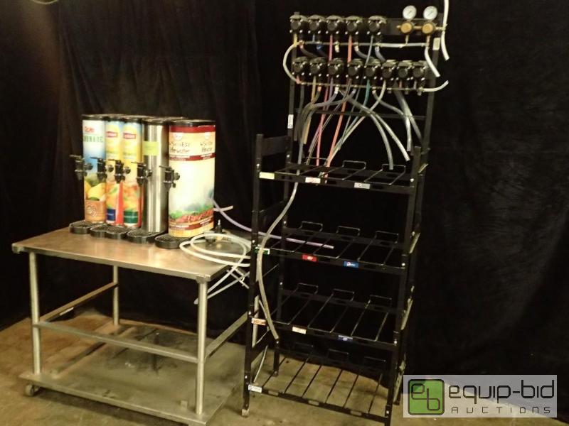 lot 3072 image: Bag Soda Rack with 13 Flojets and Five Post-mix Tea Dispensers
