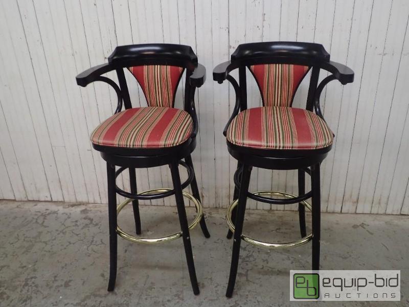 lot 3358 image: (2) Wood Bar Height Swivel Chairs with Striped Design Cushions