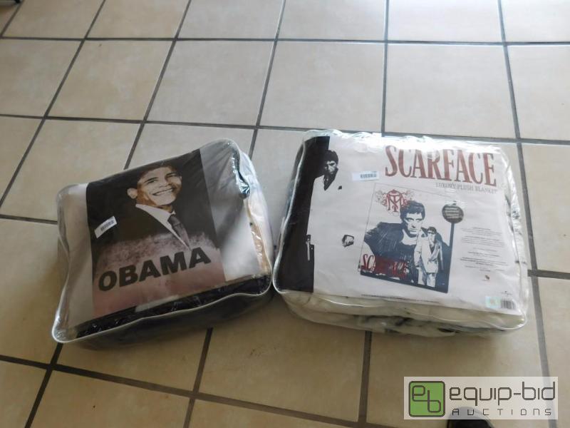 lot 334 image: Lot Of 2 Scarface And Obama Blankets Unknown Size Sealed Packaging
