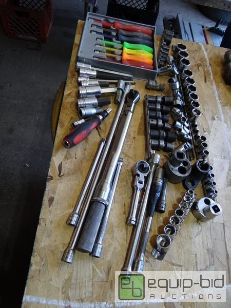 lot 577 image: Lot Of Sockets, Nut Drivers Torque Wrench And Assorted Bits