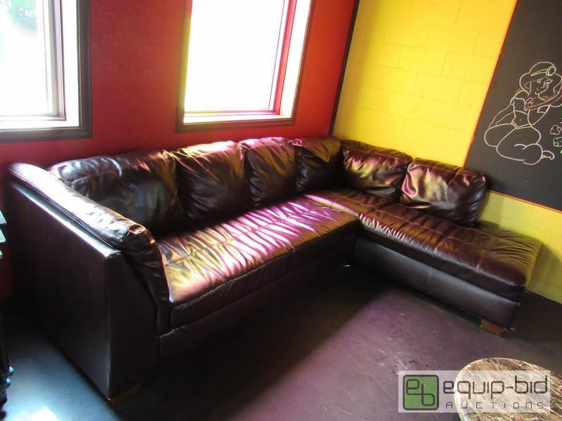 lot 190 image: Faux Brown Leather Sectional Couch