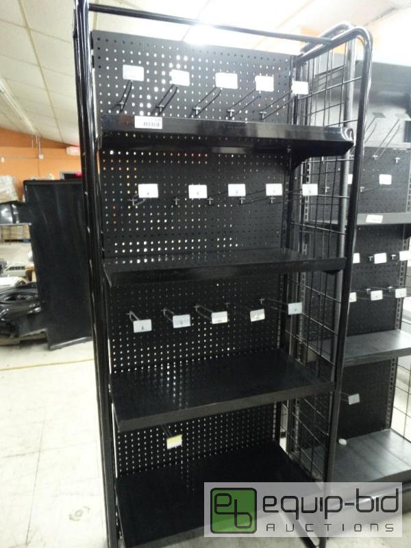 lot 1704 image: Retail shelving unit, shelves and peg hooks. ...
