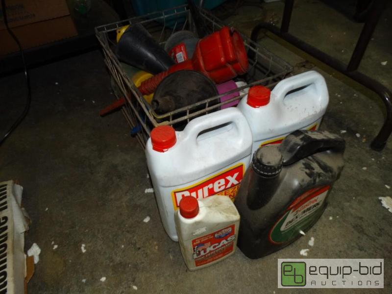 lot 1224 image: 2 - Antifreeze, tranny fluid and funnels, Luc...