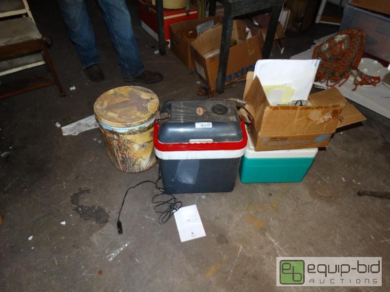 lot 1277 image: Lot of coolers, tin with misc items and a box...