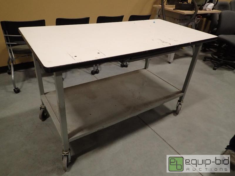 lot 780 image: White Laminate Top Work Table w Under Storage on Casters