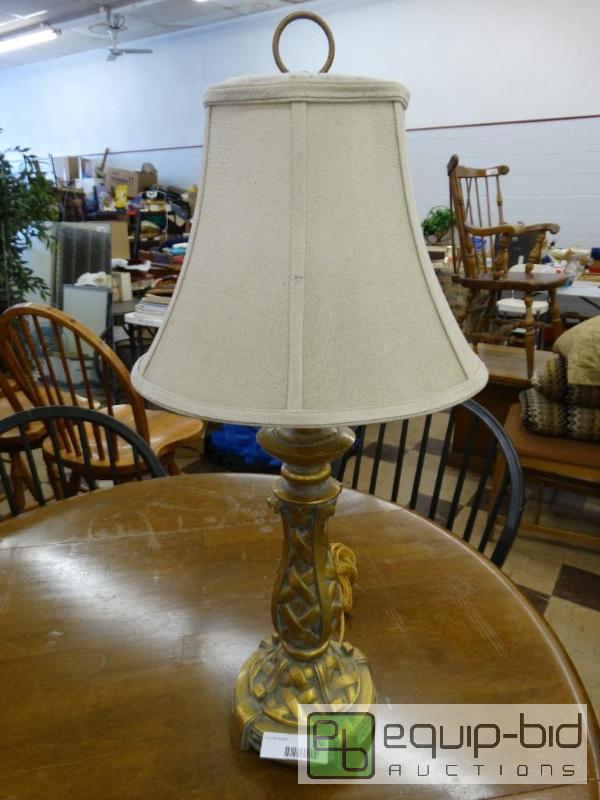 lot 550 image: Gold table lamp with shade and wood framed mi...
