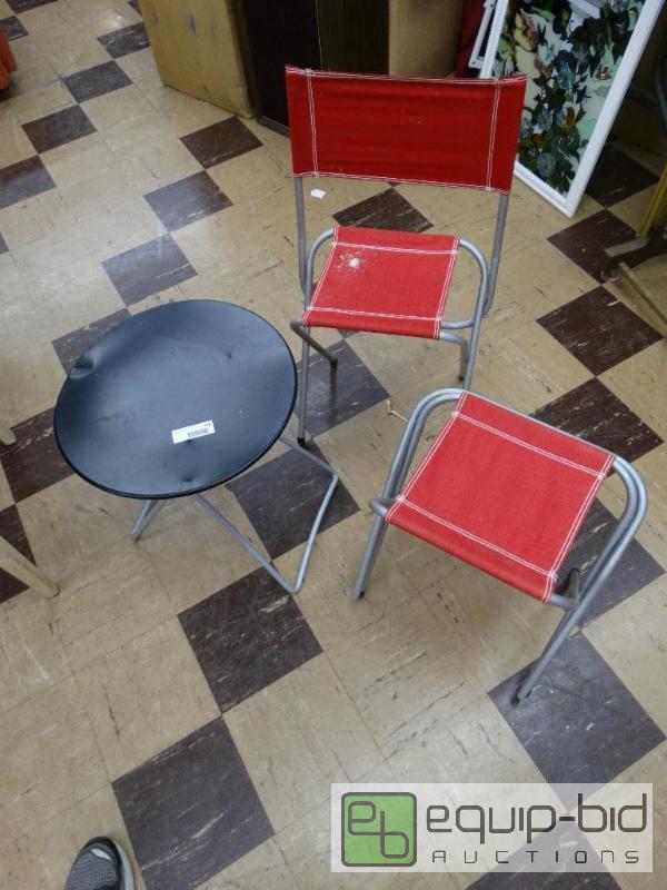 lot 568 image: Metal folding table and 2 folding fishing sto...