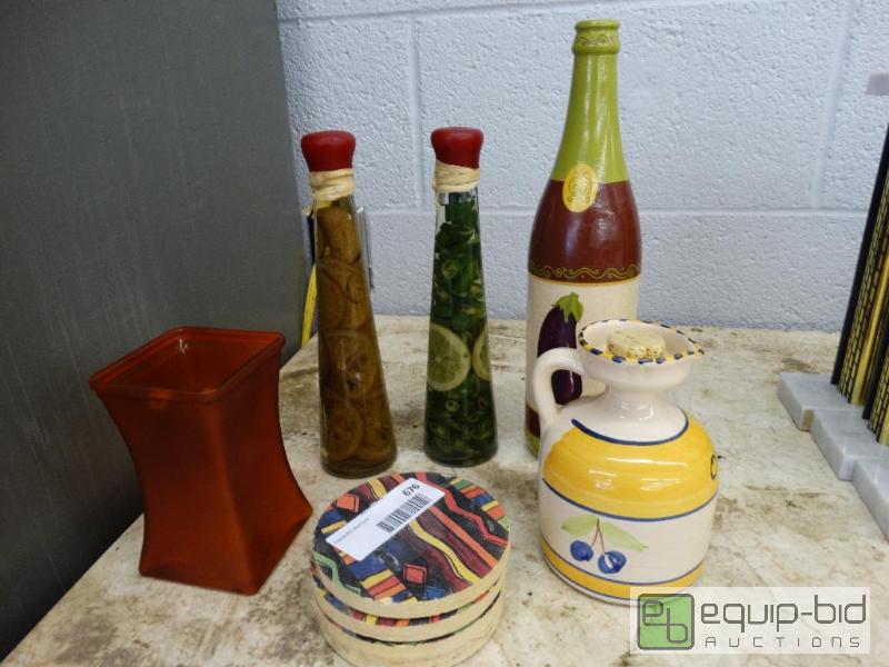 lot 676 image: Set of kitchen decor, coasters and glass vase...