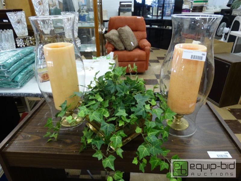 lot 680 image: 2 brass column candle holders with candles &a...