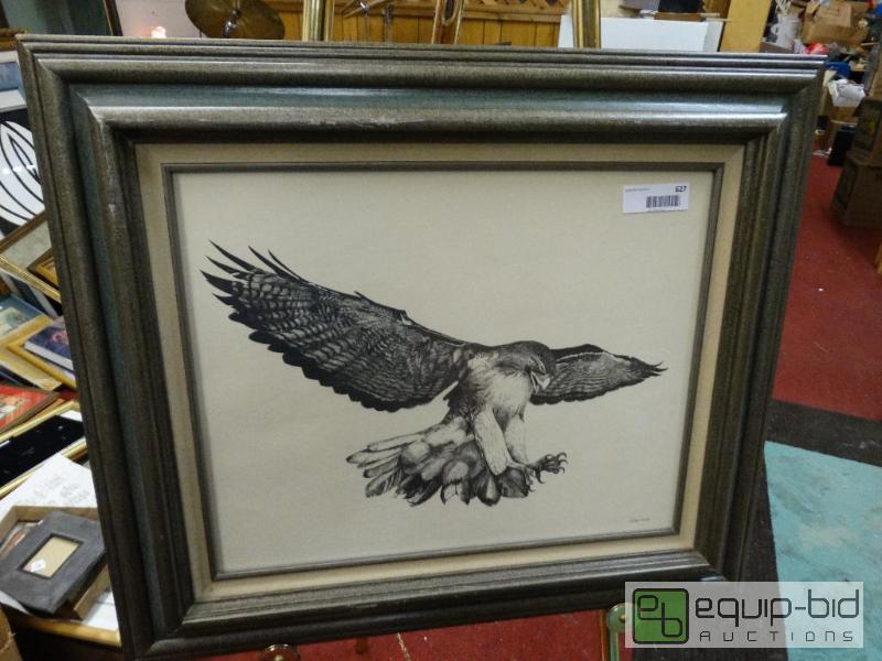lot 627 image: Large framed print by Roger Toombs.  Hawk lan...