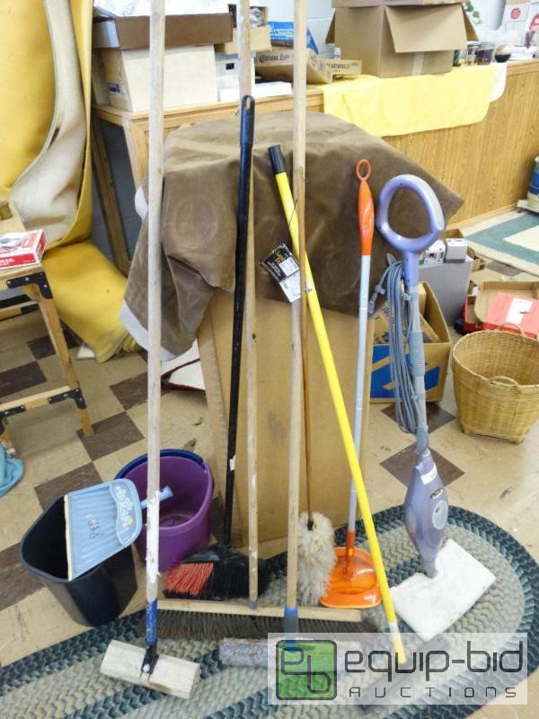lot 923 image: Large Lot Of Brooms, Dust Pan, Mop Bucket, Sq...
