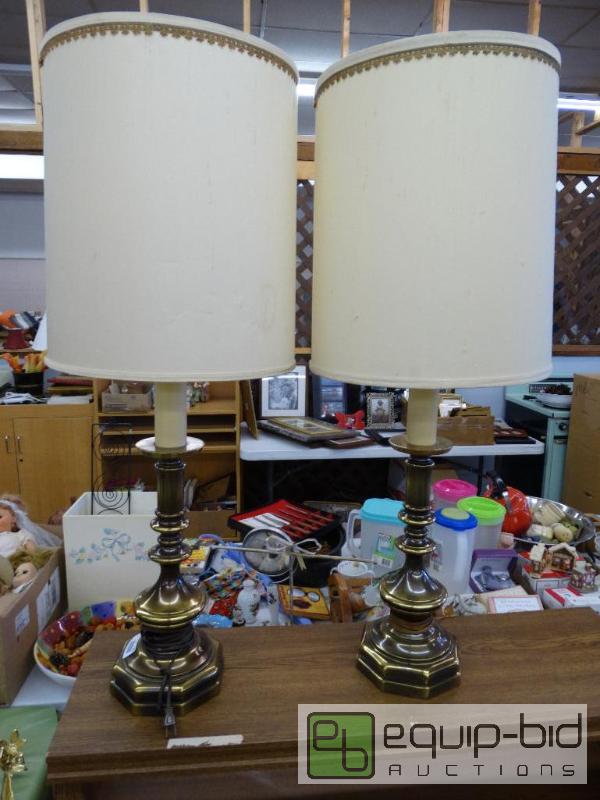 lot 957 image: Pair Of Brass Table Lamps WShades....