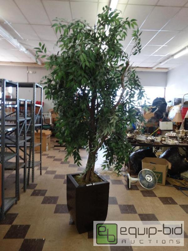 lot 969 image: 8Ft Faux tree In Metal Container.&nbsp...