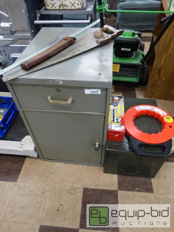 lot 971 image: Metal Storage Cabinet, File Box, Saw, 120 Ca...