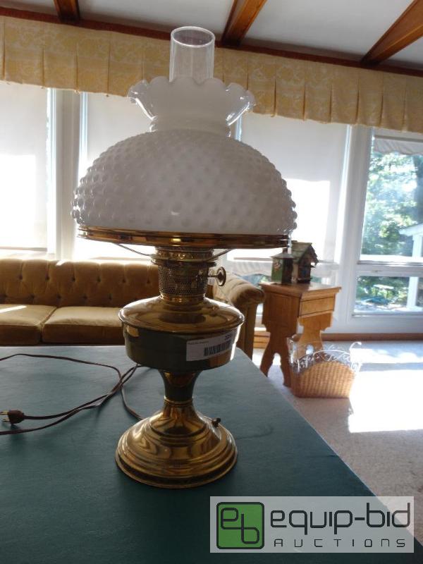 lot 2235 image: Antique brass Aladdin lamp with hobnail milk ...