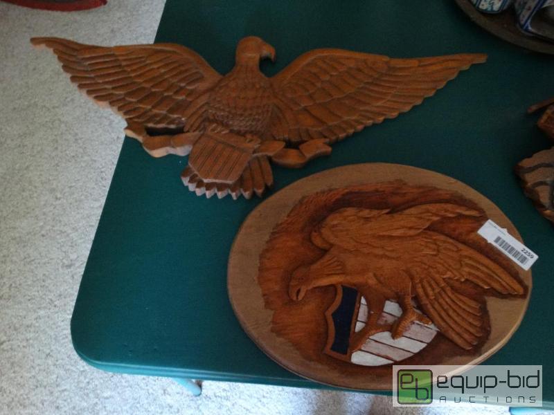 lot 2259 image: 2 wood carved Eagle wall art pieces....