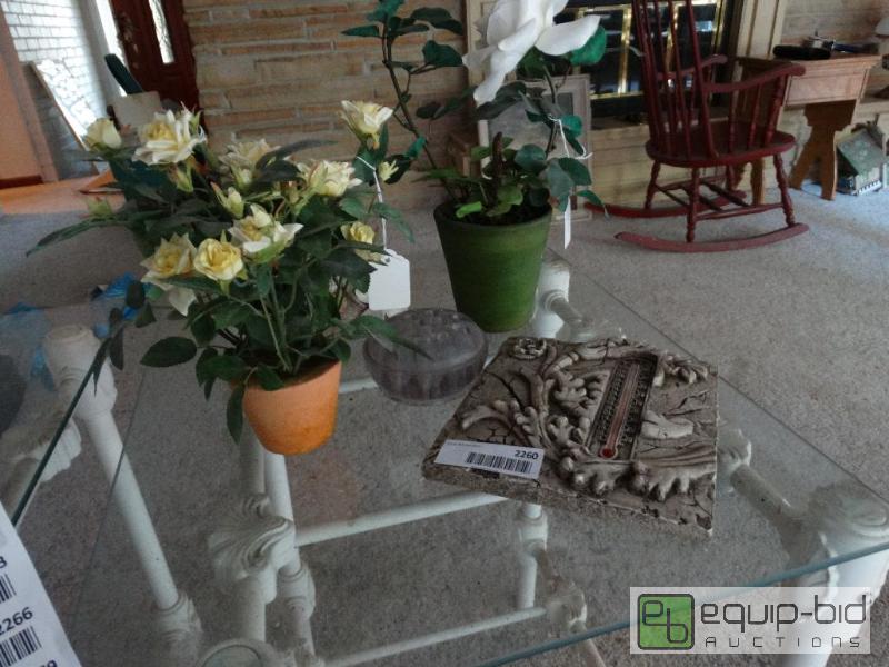 lot 2260 image: Lot of faux floral in pots, flower frog, wall...