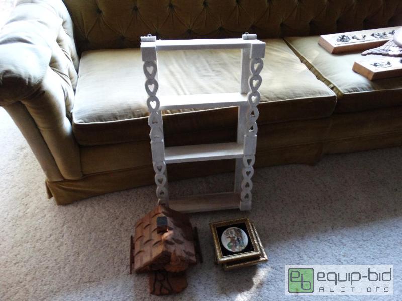 lot 2263 image: Wood wall shelf, squirrel feeder &amp painte...