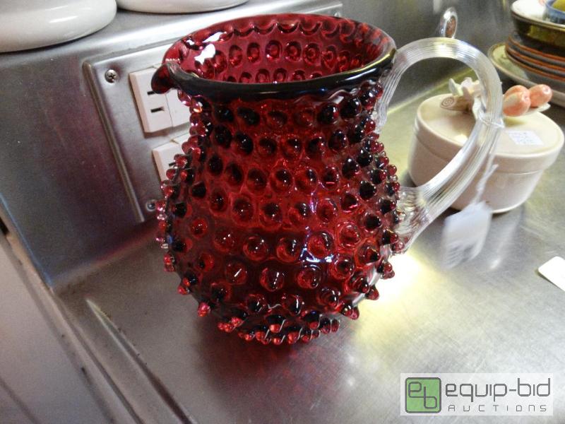 lot 2275 image: Raspberry glass hobnail design pitcher with c...