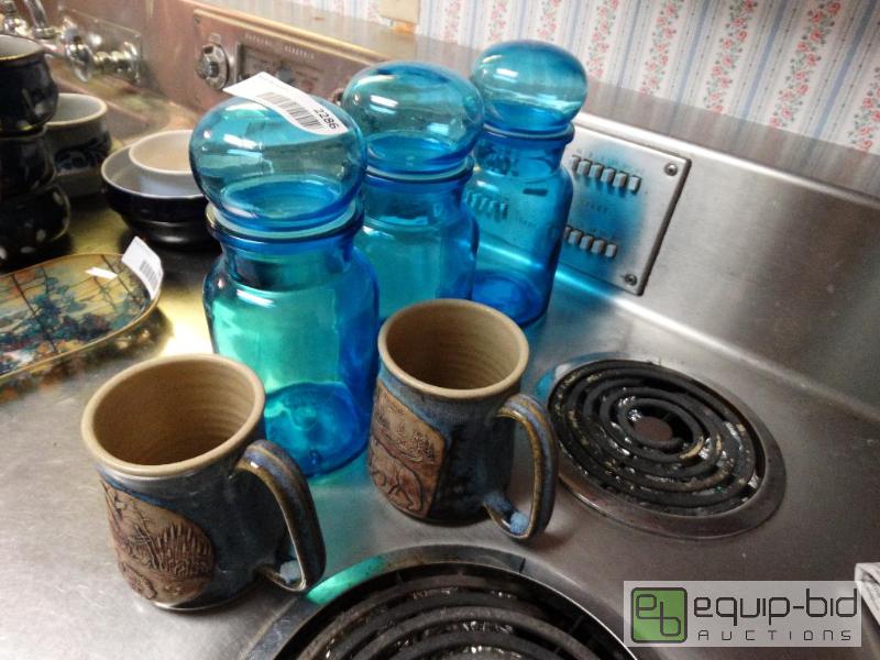 lot 2286 image: Set of 3 blue lidded cannisters, 2 stone ware...