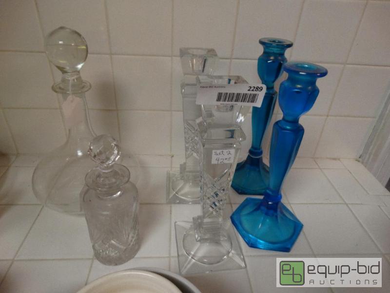 lot 2289 image: Crystal candle set, lg &amp sm decanters wit...