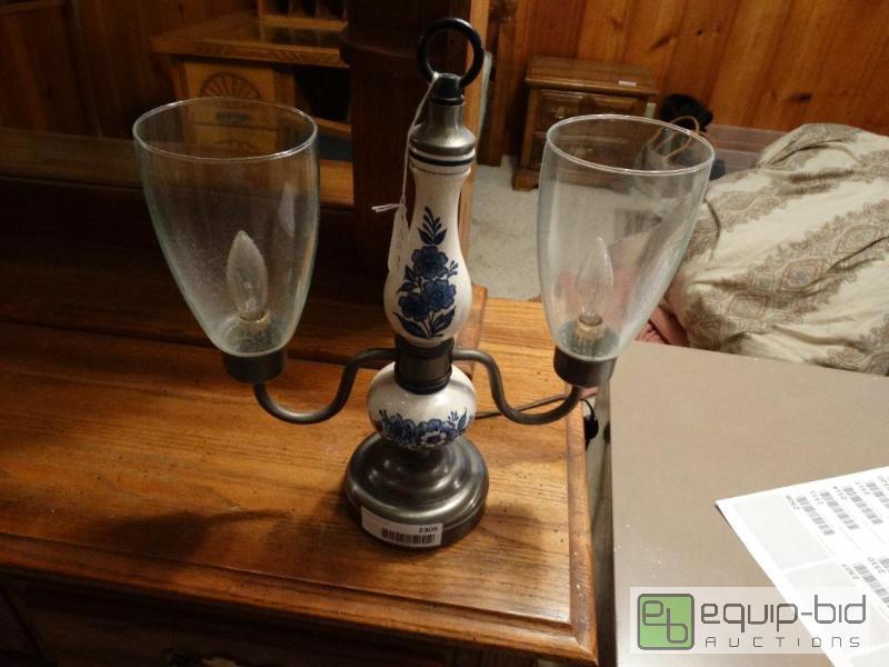 lot 2305 image: Double arm brass lamp with ceramic post and g...