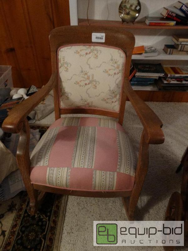 lot 2307 image: Antique oak rocker with newer upholstery....